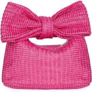 Womens Pink Fashion Clutch Bow Purses Straw Photos Party Wedding